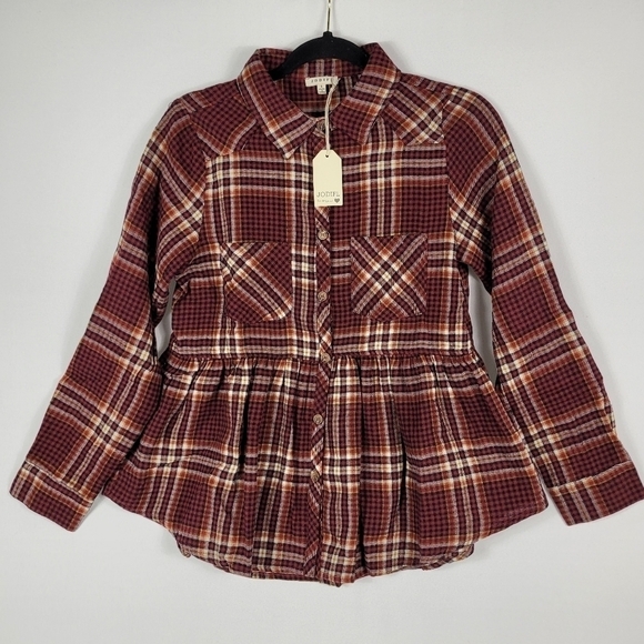 Jodifl Music In Me Plaid Button Up Flannel Shirt Burgundy White Black Sz S NWT - Picture 1 of 7